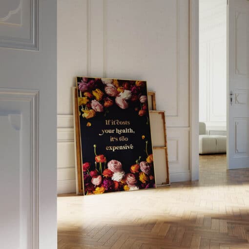 Blumenfotografie Wandbild mit Ranunkeln und goldenem Spruch als Poster bestellen
